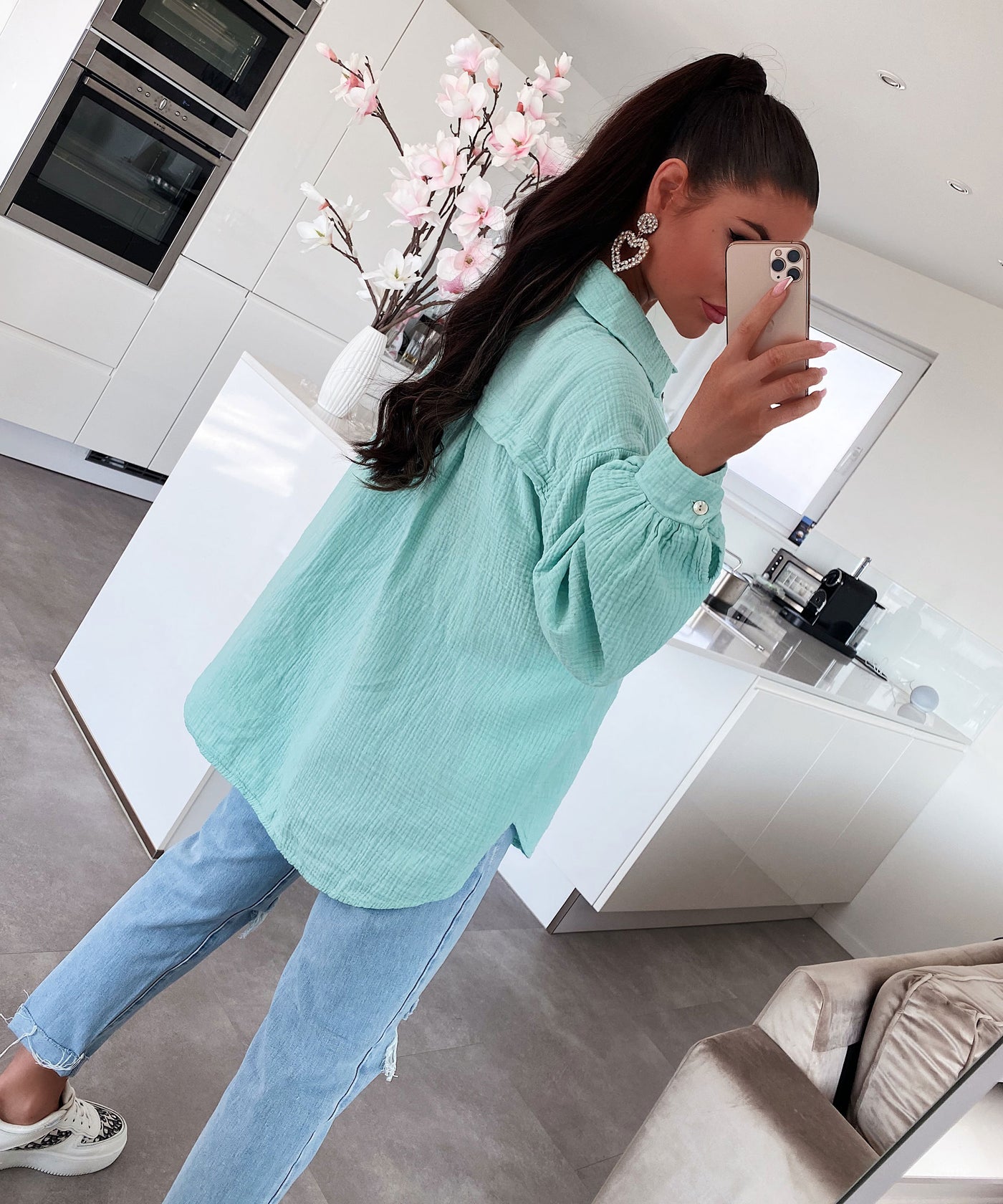 Oversize Musselin Bluse Freya Türkis Kurz  Ladypolitan - Fashion Onlineshop für Damen   
