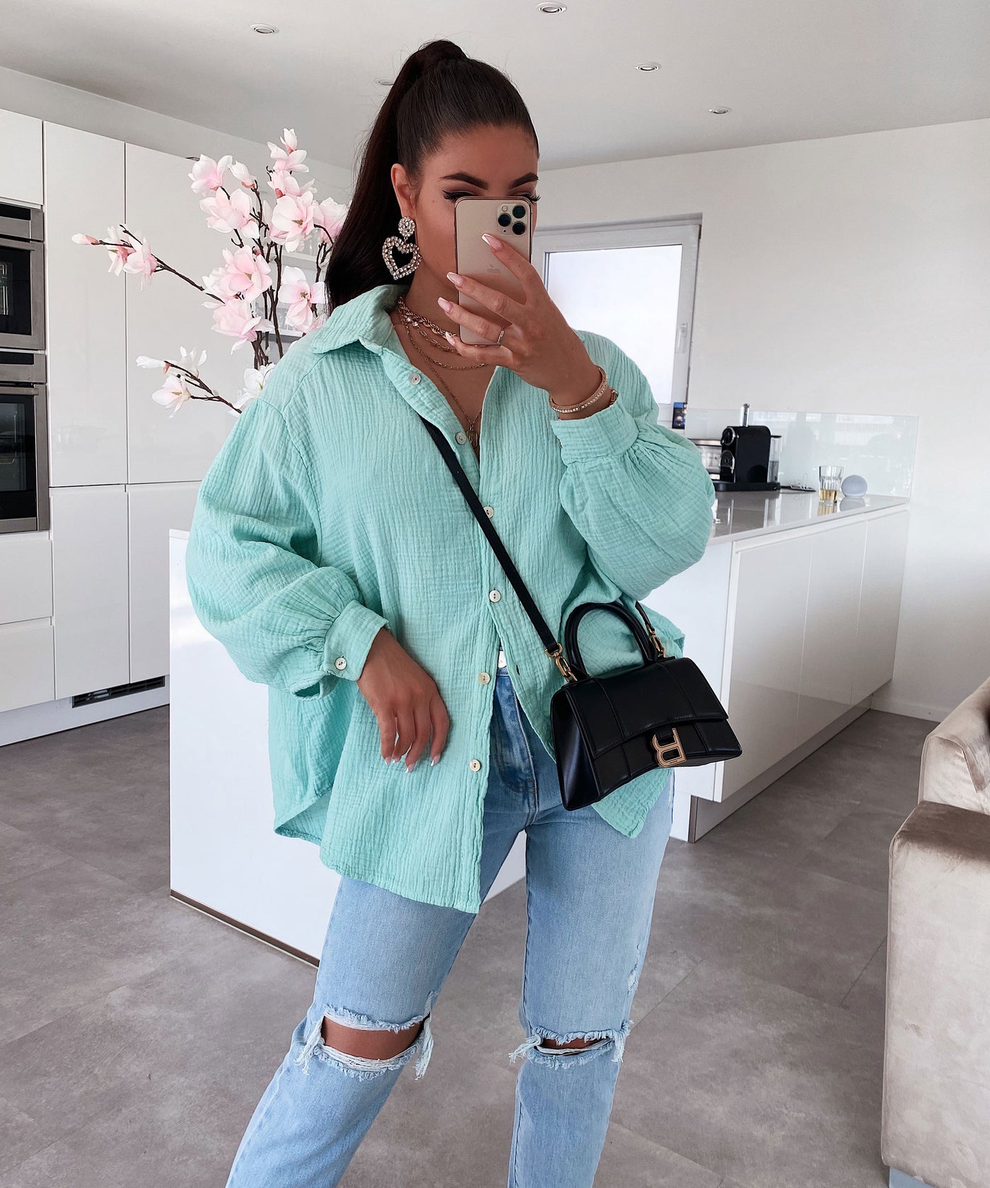 Oversize Musselin Bluse Freya Türkis Kurz  Ladypolitan - Fashion Onlineshop für Damen   