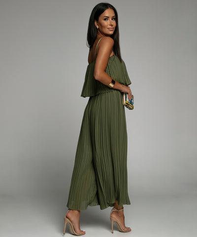 Eleganter Plissee Einteiler Khaki  Ladypolitan - Fashion Onlineshop für Damen   