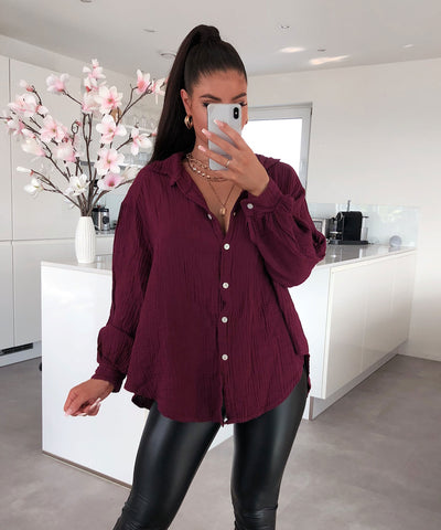 Oversize Musselin Bluse Freya Bordeaux Kurz  Ladypolitan - Fashion Onlineshop für Damen   