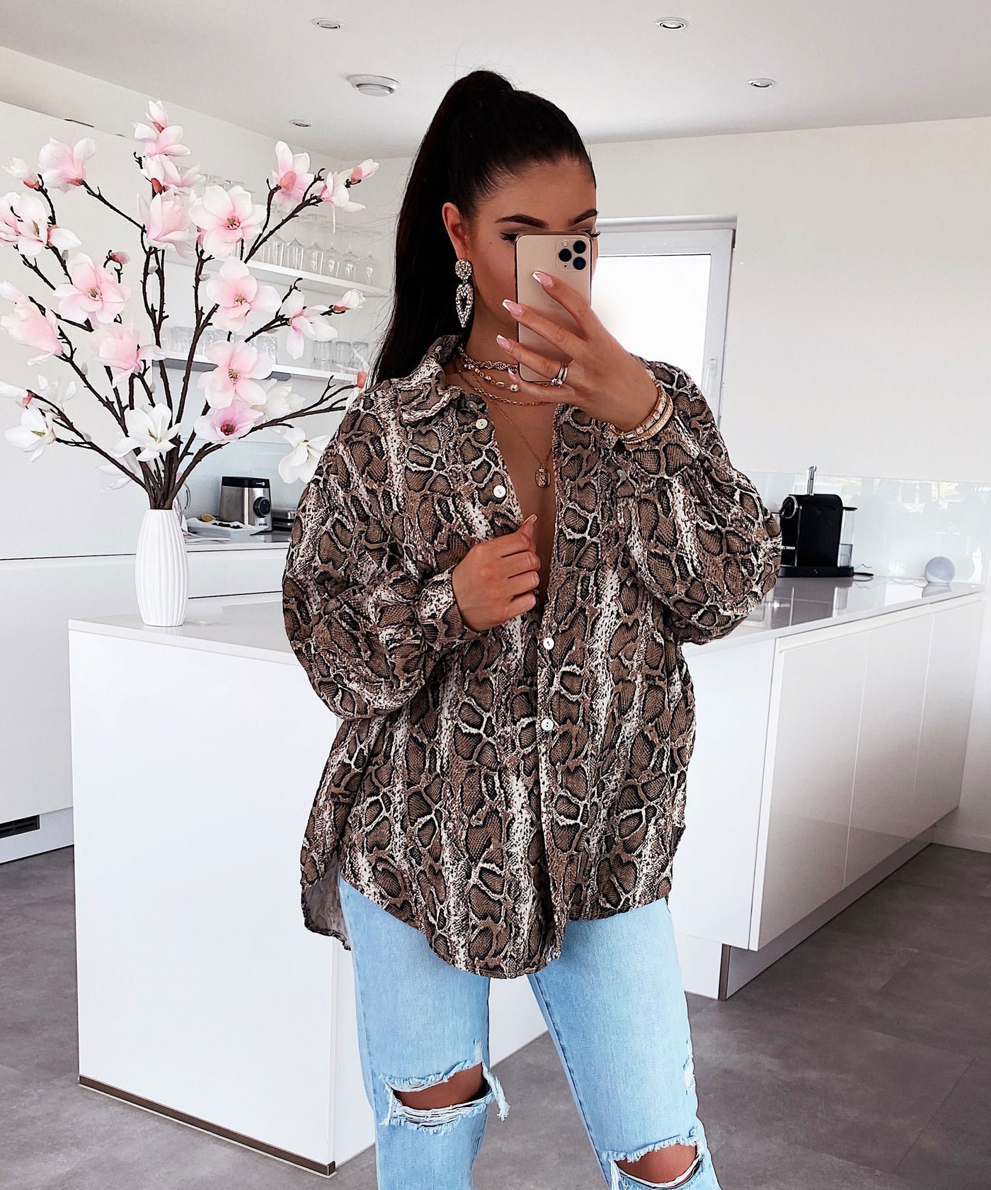 Oversized muslin blouse with snake print