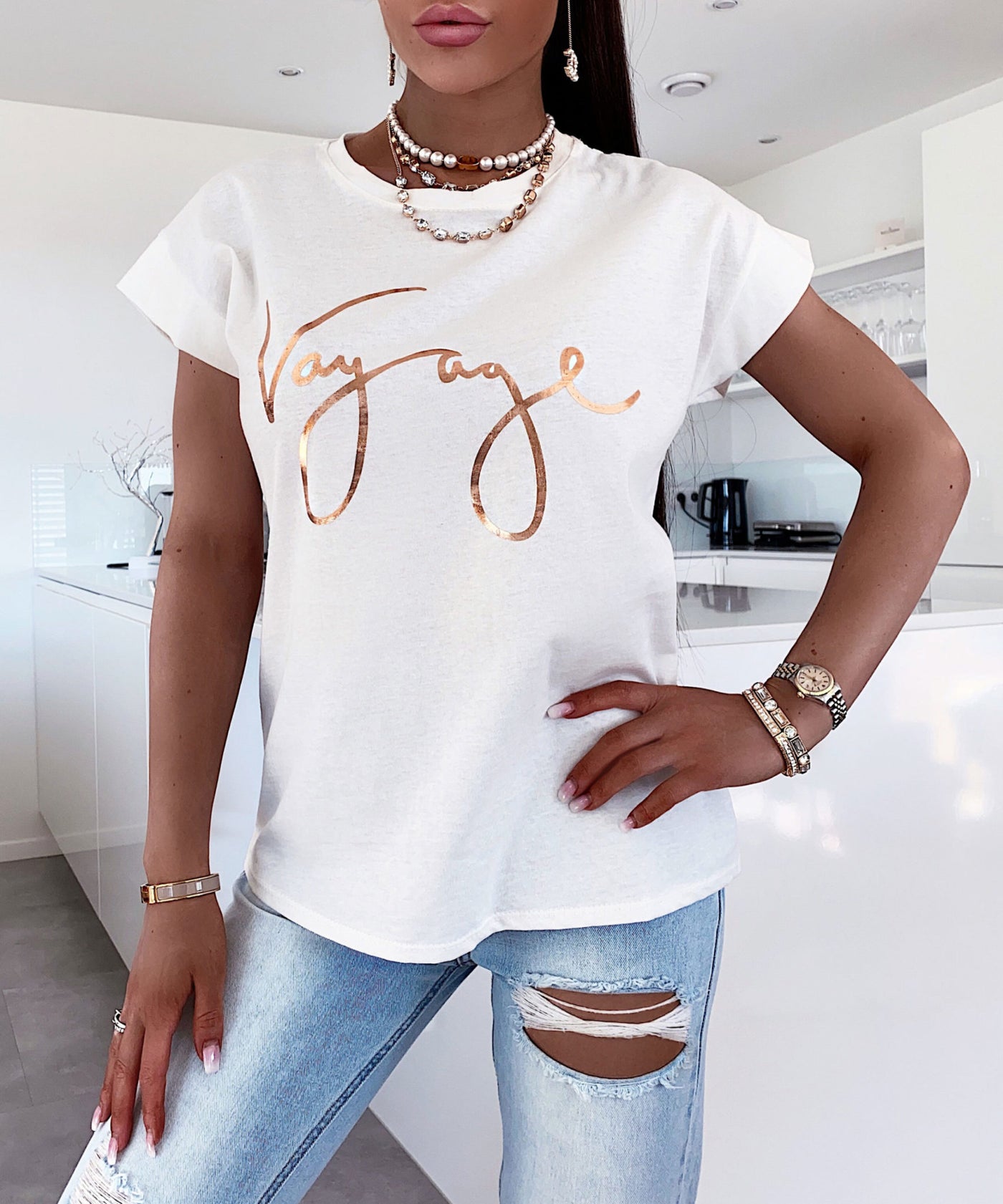 T-Shirt Voyage Weiß Rosegold  Ladypolitan - Fashion Onlineshop für Damen   